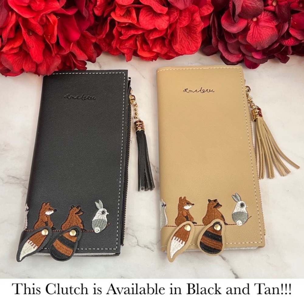 Whimsical Black Vegan Leather Fox Rabbit Raccoon Cat Wallet Clutch - Picture 14 of 14